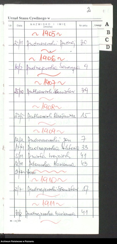 Obraz 4 z jednostki "[Skorowidz alfabetyczny do akt małżeństw i zgonów] za lata 1905-1912]"