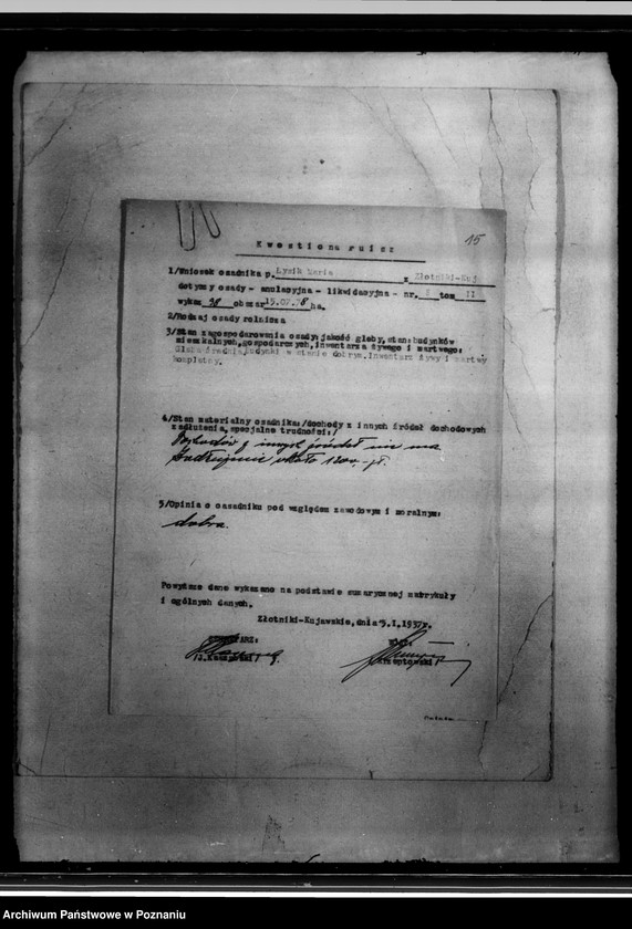 Obraz 19 z jednostki "Podania osadników z parcelacji polskiej o zmniejszenie zadłużenia na podstawie art. 16. rozporządzenia Prezydenta Rzeczpospolitej z dnia 24.X.1934 r. z terenu powiatu inowrocławskiego"