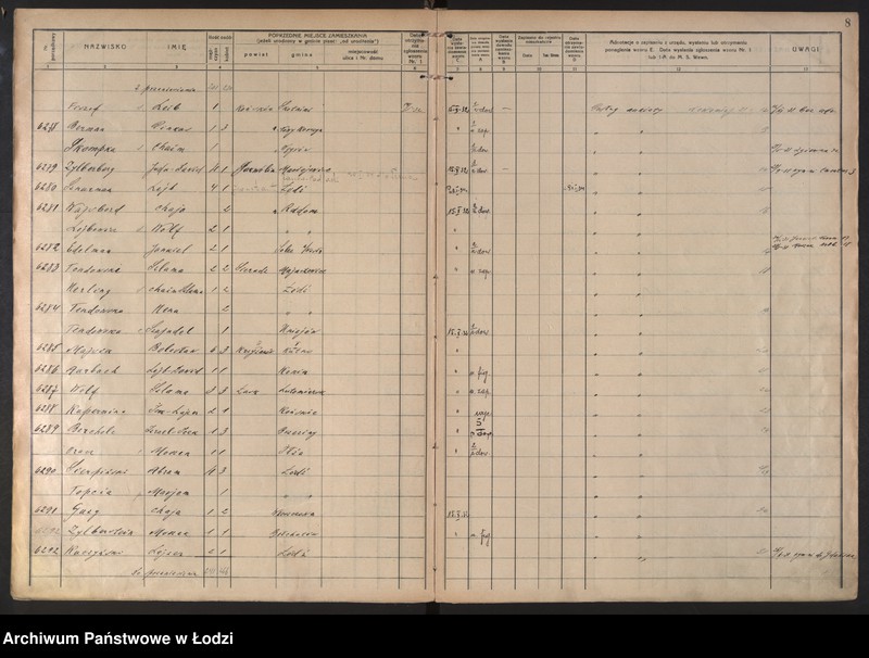 Obraz 11 z jednostki "Księga kontroli ruchu ludności (rejestr osób przybywających do gminy) Łódź, komisariat V, ks. III, nr 6198-7730"