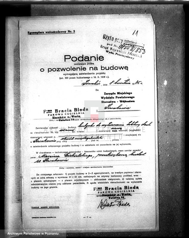 image.from.unit.number "Zatwierdzenie zakładu przemysłowego / wytwórni tektury dachowej/ Braci Buda w Sierakowie, pow. międzychodzki"