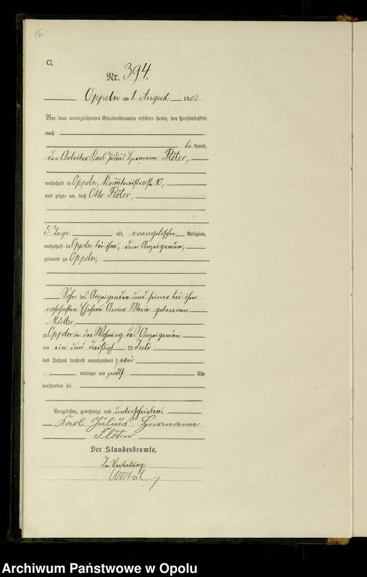 Obraz 19 z jednostki "Urząd Stanu Cywilnego w Opolu 1902 Rejestr zgonów Księga Miejscowa Nr 378 do 633"