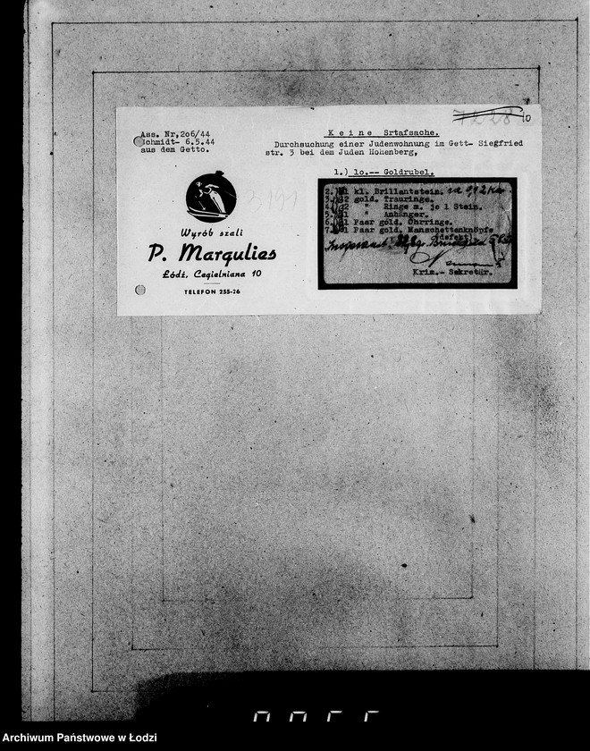 Obraz 14 z jednostki "Kripo 3000-3200 [Kartoteka skonfiskowanego majątku ruchomego u Żydów]"