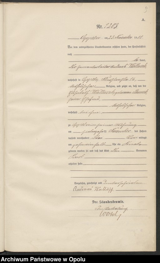 Obraz 13 z jednostki "Urząd Stanu Cywilnego w Opolu 1903 Rejestr Urodzeń Księga Miejscowa Nr 1196 do 1355"