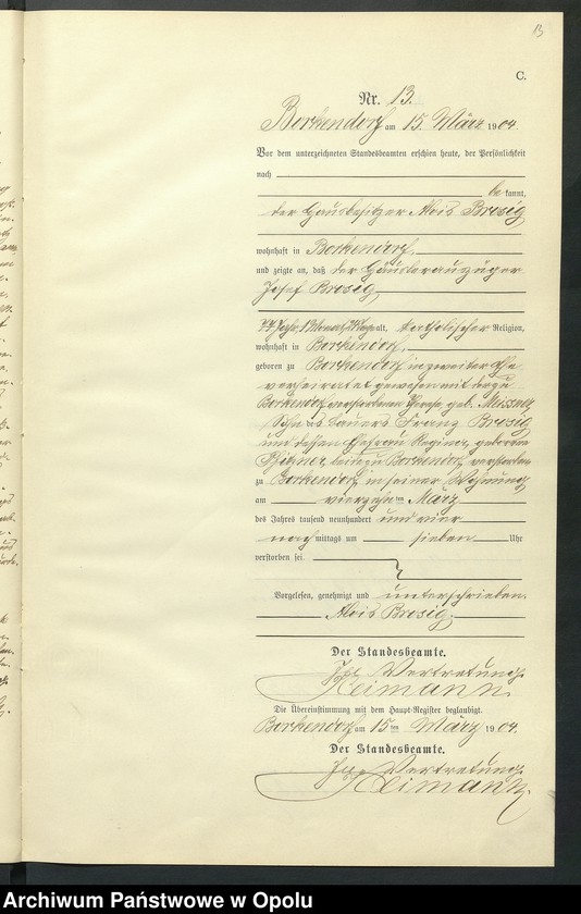 Obraz 17 z jednostki "Sterbe-Neben-Register des Standesamts Borkendorf pro 1904"