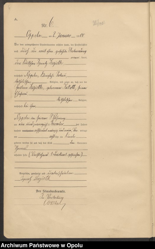 Obraz 10 z jednostki "Urząd Stanu Cywilnego w Opolu 1900 Rejestr Urodzeń Księga Miejscowa Nr 1 do 674"