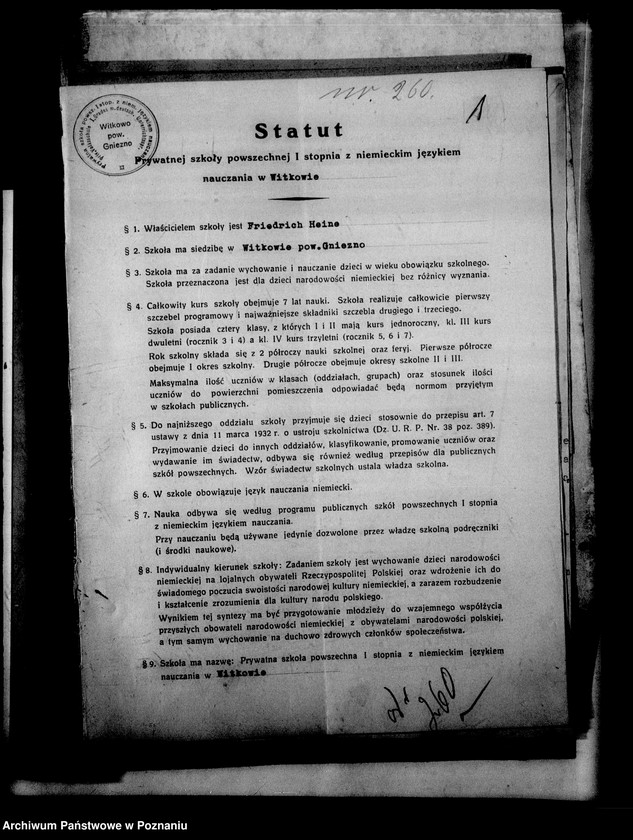 Obraz 4 z jednostki "Prywatna Szkoła Powszechna z niemieckim językiem nauczania w Witkowie, powiat Gniezno"