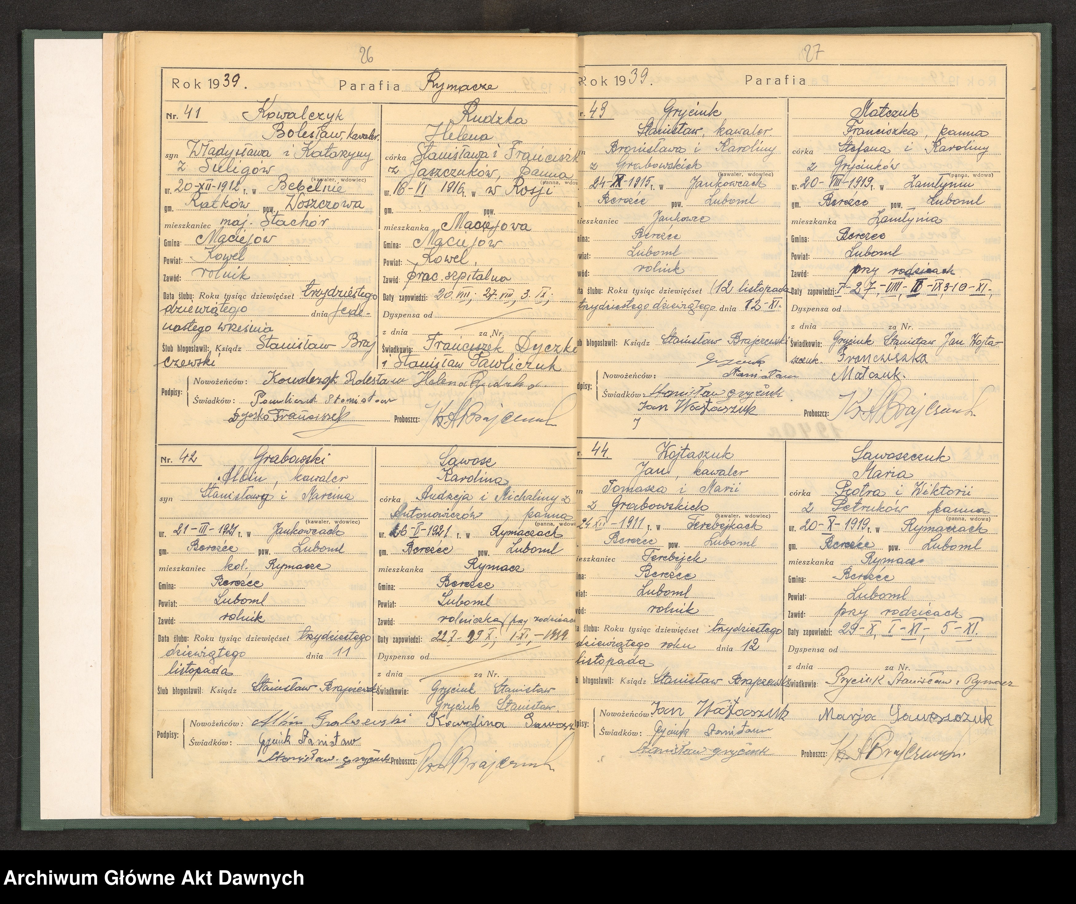 Skan z jednostki: Parafia: Rymacze. Dekanat: Luboml. Księga metrykalna ślubów