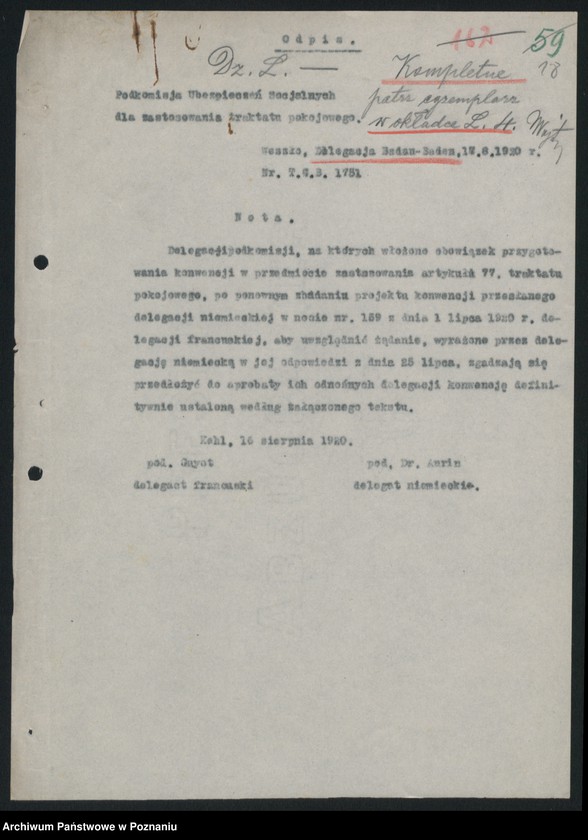 Obraz 20 z jednostki "[Materiały dotyczące rozliczeń Francji z Niemcami zgodnie z Traktatem Wersalskim odnośnie ubezpieczeń społecznych]"