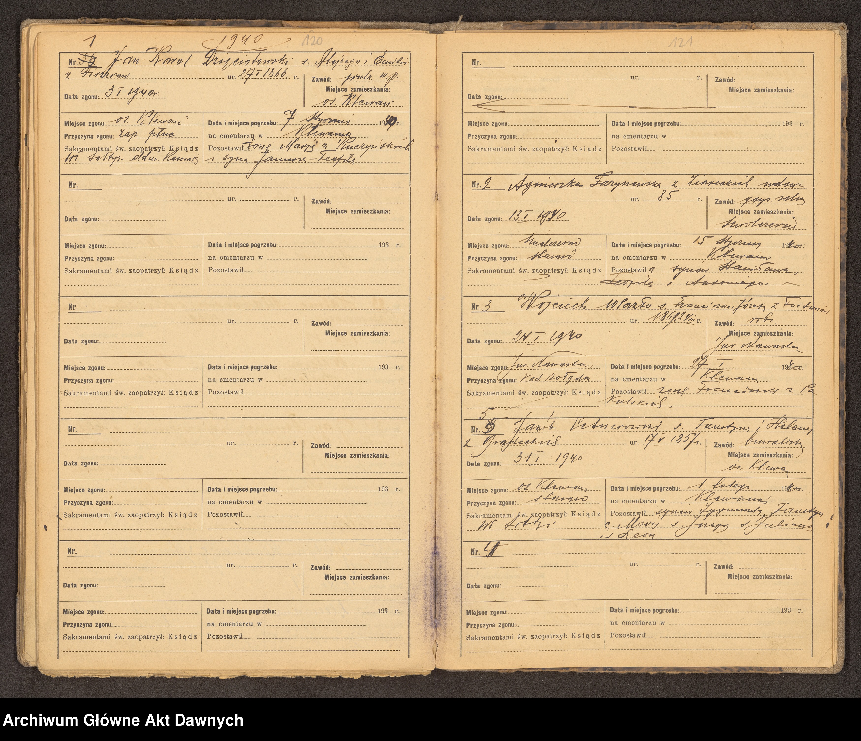 Skan z jednostki: Parafia: Klewań. Dekanat: Równe. Raptularz chrztów i zgonów w parafii.