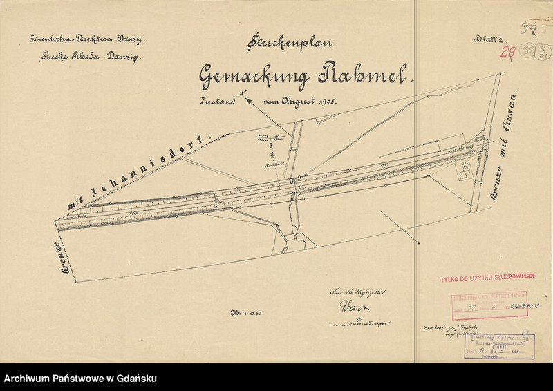 image.from.unit.number "Eisenbahn-Direktion Danzig. Strecke: Rheda-Danzig. Streckenplan Gemarkung Rahmel. Zustand vom August 1908. Blatt 2"