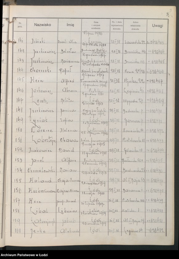 image.from.unit.number "Ewidencja dowodów osobistych wydanych przez Zarząd Miejski w Łodzi, zespół nr 3 [- nazwiska na litery Ch, H, I, J, L, Ł]"