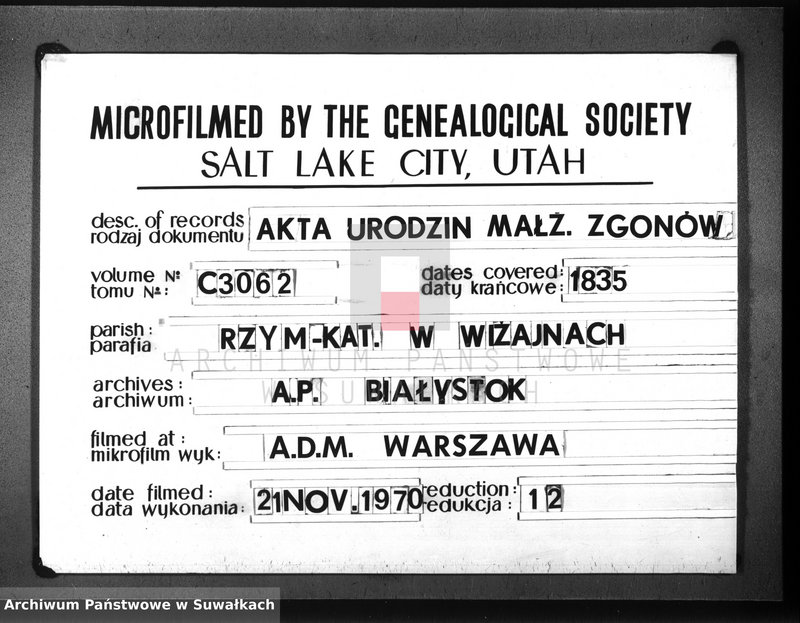 image.from.unit.number "Księga duplikat aktów kościoła parafialnego wiżayńskiego na rok 1835 służące-obejmujące metryki urodzonych, zaślubionych i zeszłych"