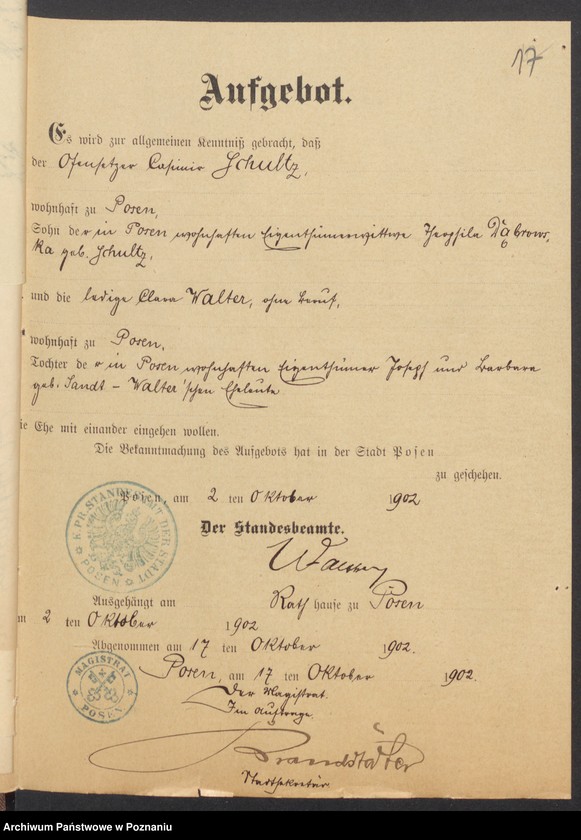 Obraz 19 z jednostki "[Dokumenty dostarczone przez narzeczonych do zawarcia związku małżeńskiego za 1902 rok. Tom XVI]"