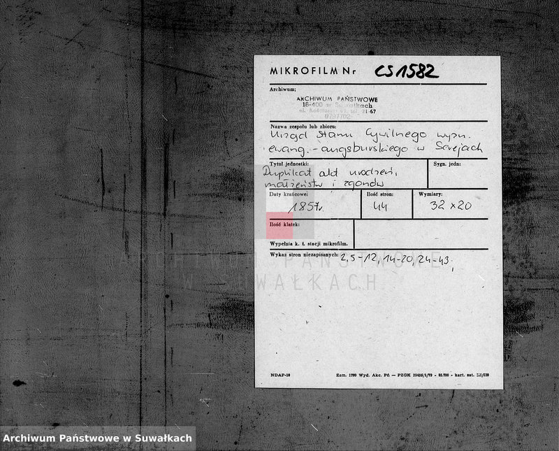 image.from.unit.number "Duplikat aktów Urodzenia, Małżeństw i Zejścia dla Filiału Ewangelicko- Augsbursgkiego w mieście Serejach sporządzony na rok 1857"