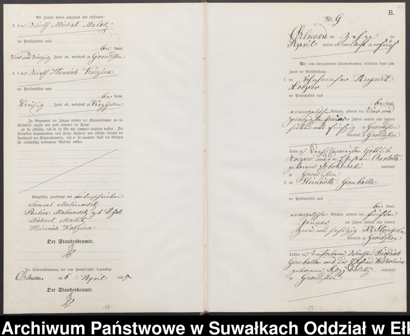 image.from.unit.number "Heiraths-Neben-Register des Preussischen Standes-Amtes Orlowen Kreis Loetzen für das Jahr 1885"