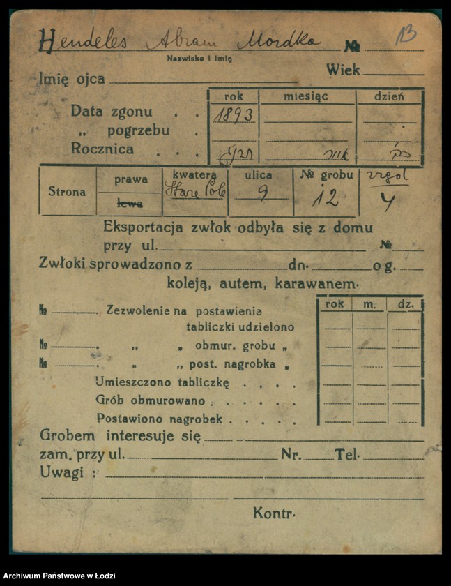 Obraz 14 z jednostki "Kartoteka osób pochowanych na cmentarzu żydowskim przy ulicy Brackiej w latach 1892-1955. Nazwiska na litery: Helmi-Hey"