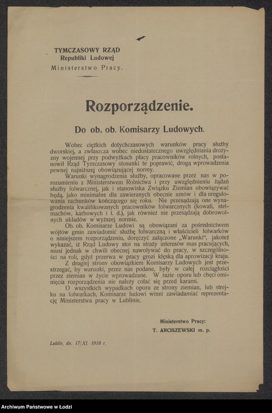 Obraz 1 z jednostki "[Rozporządzenie do komisarzy ludowych w sprawie regulacji warunków pracy na folwarkach]"