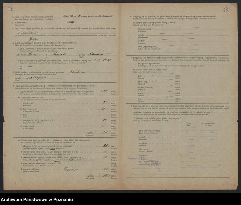Obraz 16 z jednostki "[Kwestionariusze dotyczące stwierdzenia gruntów znajdujących się po niemieckiej stronie pogranicza a zarządzanych przez zamieszkałych po stronie polskiej] powiat Międzychód"