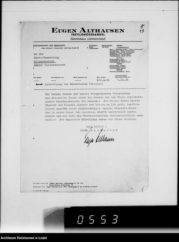 Obraz 17 z jednostki "Firma Eugen Althausen Litzmannstadt VIII [Zamówienia, rachunki, listy przesyłkowe]"