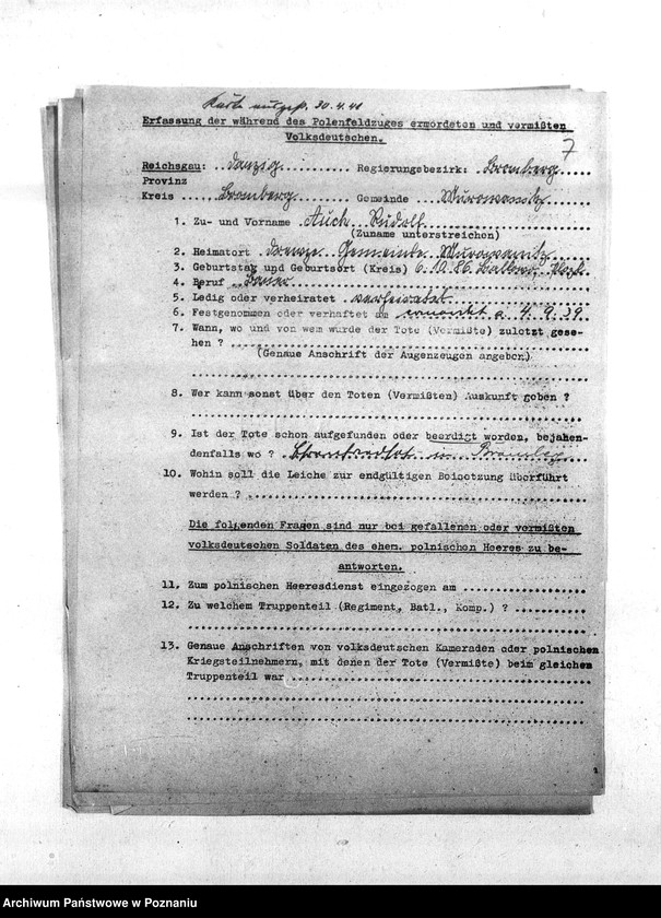 Obraz 11 z jednostki "Zgłoszenia zmarłych i zaginionych miejscowych Niemców w 1939 roku - powiat bydgoski"