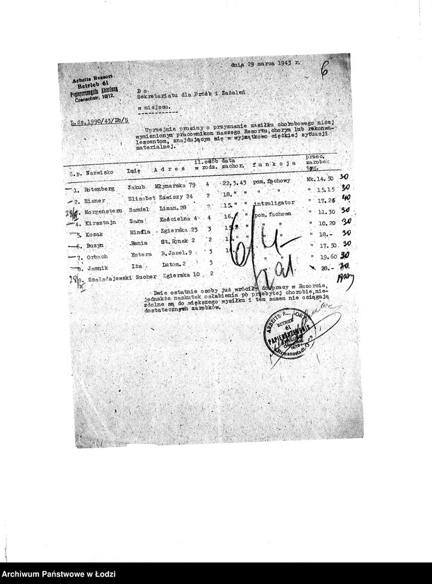 Obraz 9 z jednostki "[Korespondencja resortów i osób prywatnych w sprawie pomocy materialnej i lekarskiej dla starych i chorych mieszkańców getta]"