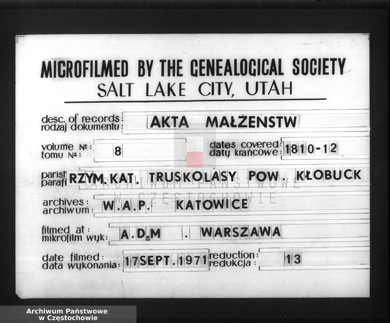 Obraz 1 z jednostki "Akta cywilne małżeństwa gminy Truskolasy od dnia 1 miesiąca maja 1810 roku do dnia 30 miesiąca kwietnia 1811 roku wpisane"
