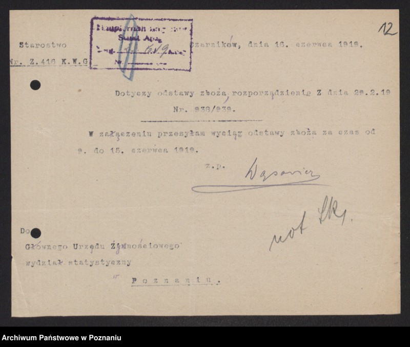 Obraz 14 z jednostki "[Wykazy odstawionego zboża przez Związek Komunalny w Czarnkowie]"