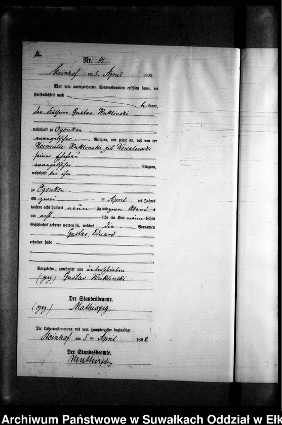 image.from.unit.number "Geburts-Neben-Register des Preussischen Standes-Amtes Gr. Strengeln Kreis Angerburg"