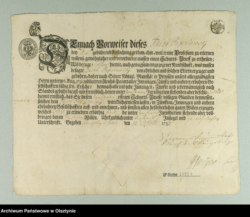 image.from.unit "Geburts-Brief des Jacob Papajewski /Original mit Siegel/"