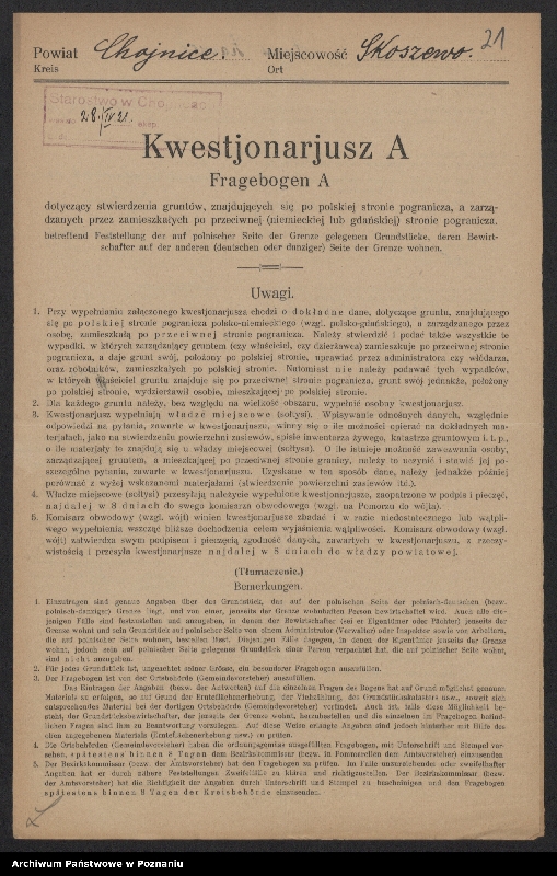 Obraz 18 z jednostki "[Kwestionariusze dotyczące stwierdzenia gruntów znajdujących się po polskiej stronie pogranicza a zarządzanych przez zamieszkałych po stronie niemieckiej] powiat chojnicki"