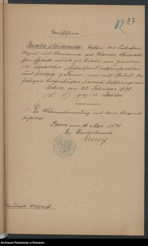 Obraz 19 z jednostki "Die von den Verlobten beigebrachten Urkunden zur Eheschliessung pro 1878"