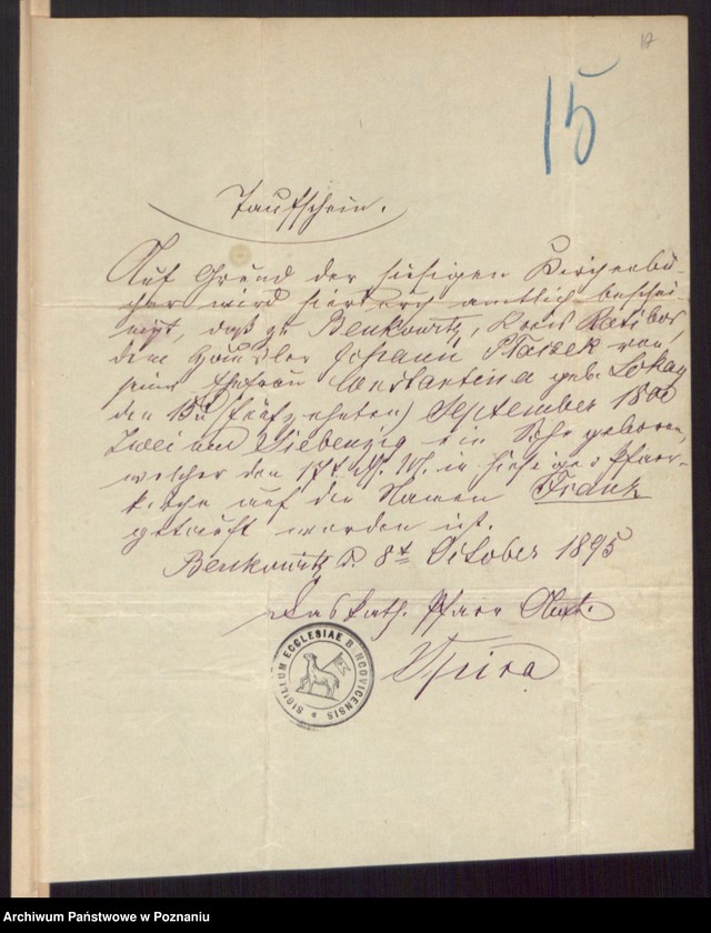 Obraz 19 z jednostki "Die von den Verlobten beigebrachten Urkunden zur Eheschliessung pro 1895"