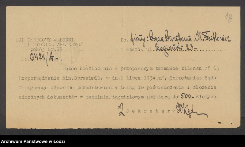 Obraz 20 z jednostki "Bracia Birnbaum i H.Feitlowicz- kupno i sprzedaż towarów manufakturowych"