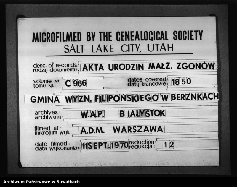 image.from.unit.number "Duplikat Akt Urzędnika Stanu Cywilnego Sekty Filiponów Gminy Berzniki Urodzonych, Umarłych i Zaślubionych za Rok 1850"