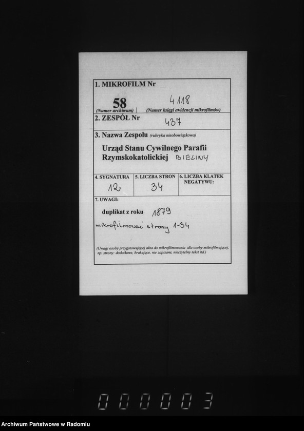 image.from.unit.number "[Duplikat akt urodzonych, zaślubionych i zmarłych parafii Bieliny za 1879 r.]"