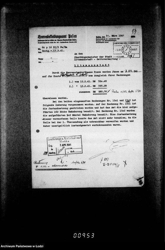 Obraz 17 z jednostki "[Rachunki Heeresbekleidungsamt Posen dla Zarządu Getta]"