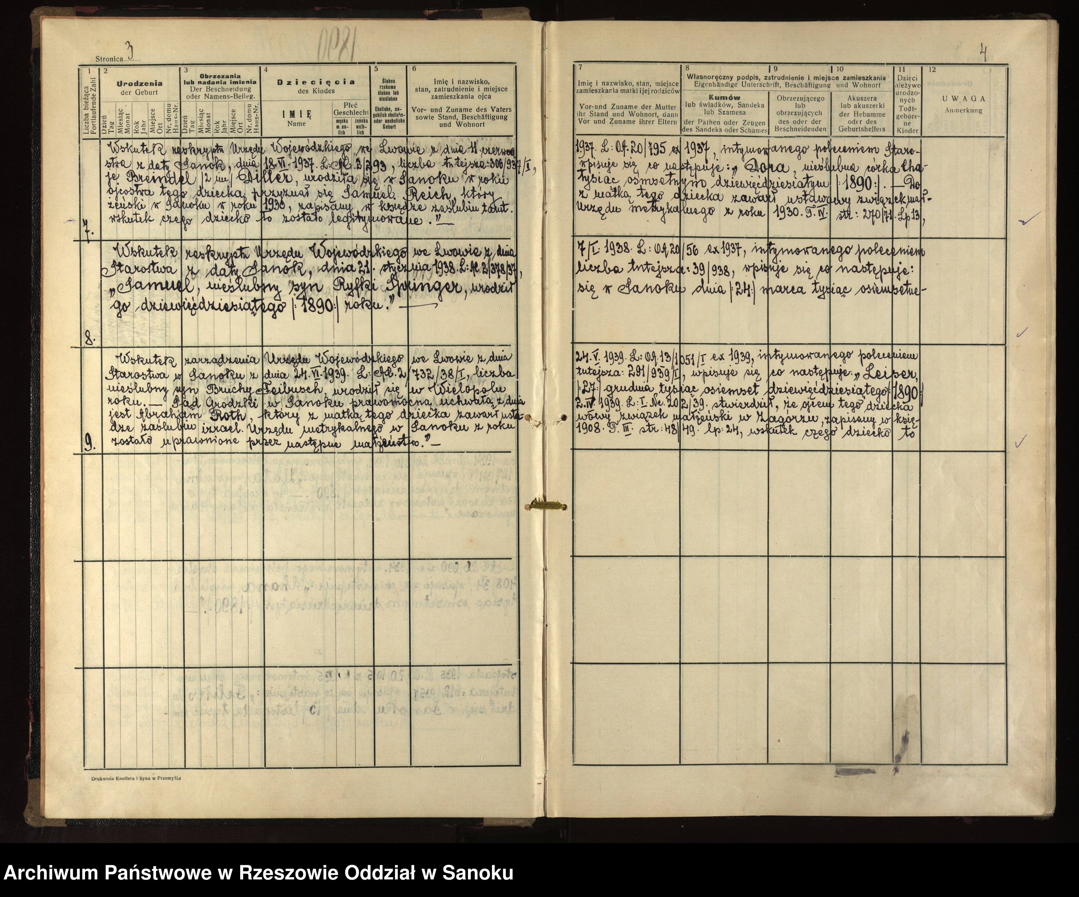 Skan z jednostki: Księga metrykalna urodzeń dla miejscowości Sanok