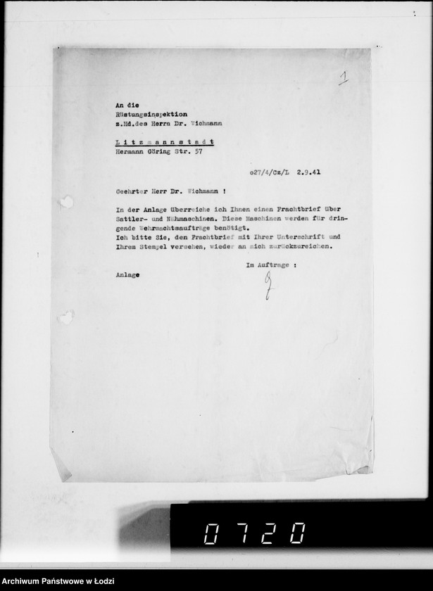 Obraz 5 z jednostki "Rüstungsinspektion des Wehrkreises XXI Abt.Verwaltung.[Korespondencja w sprawie przydziału żelaza]"