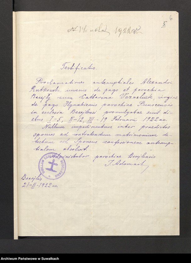 image.from.unit.number "Aneksa Do aktów zaślubionych r.kat. parafji Puńsk z r. 1922"