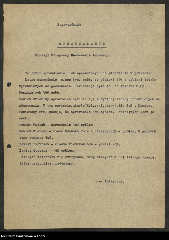 Obraz 10 z jednostki "Referendum Ludowe - sprawozdania [, raporty i wykazy] aktywu wojewódzkiego PPR [oddelegowanego do organizacji powiatowych]"