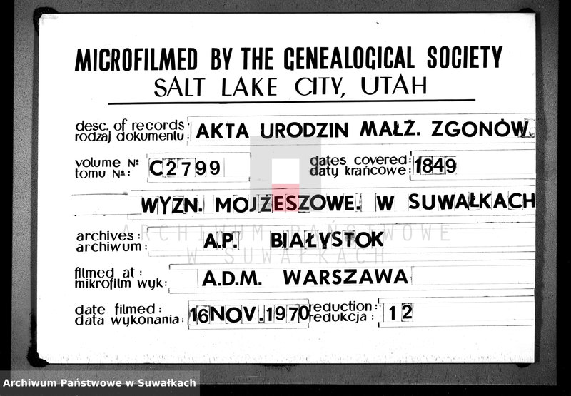 image.from.unit.number "Duplikat. Akta Urzędnika Stanu Cwilnego Wyznania Moyżeszowego Okręgu Suwalskiego i Jeleniewskiego do zapisywania Urodzonych, Zaślubionych i Zmarłych z roku 1849"