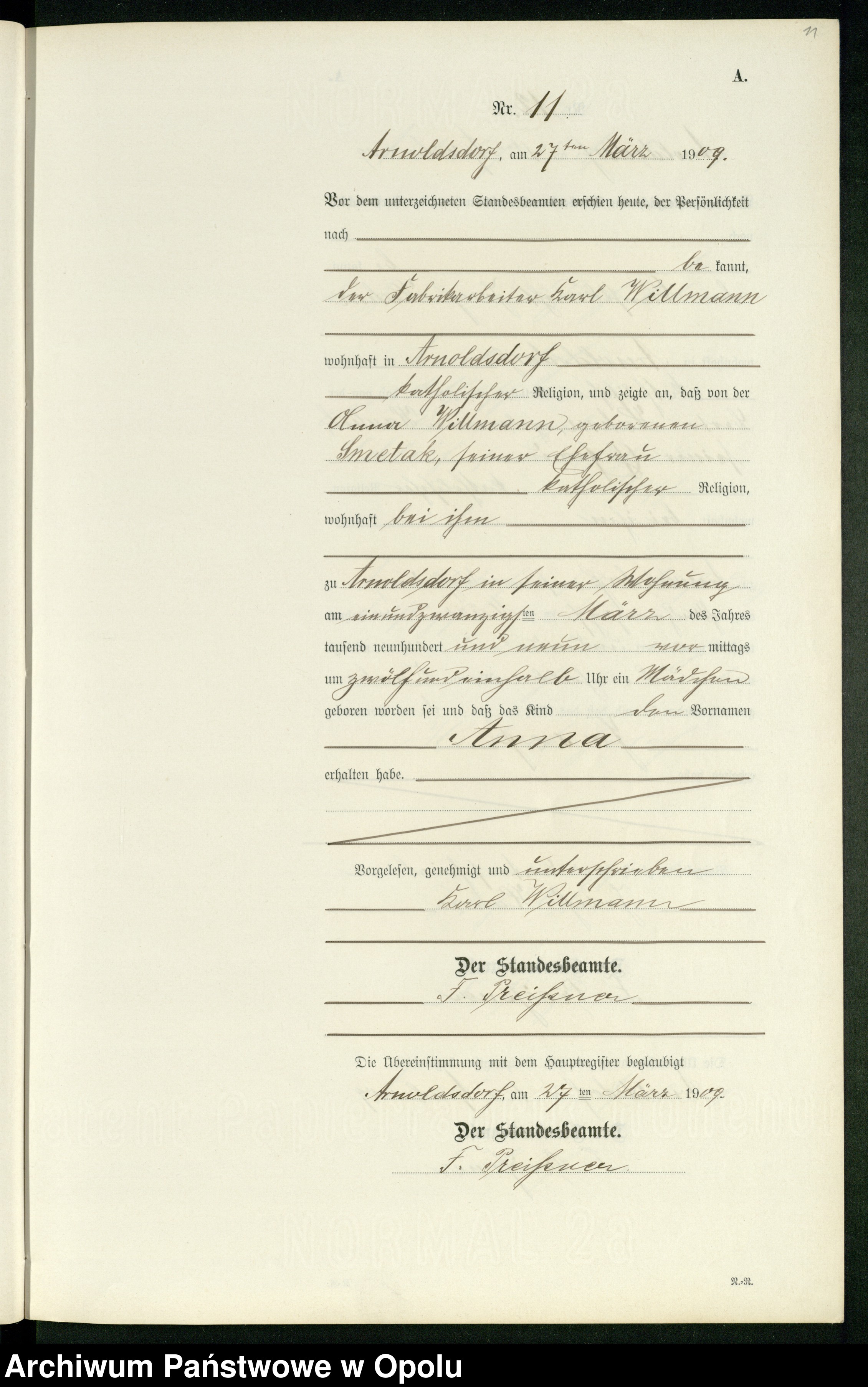 Skan z jednostki: Geburts-Register (Neben-Register) Standesamt Arnoldsdorf 1909 No. 1 bis 64