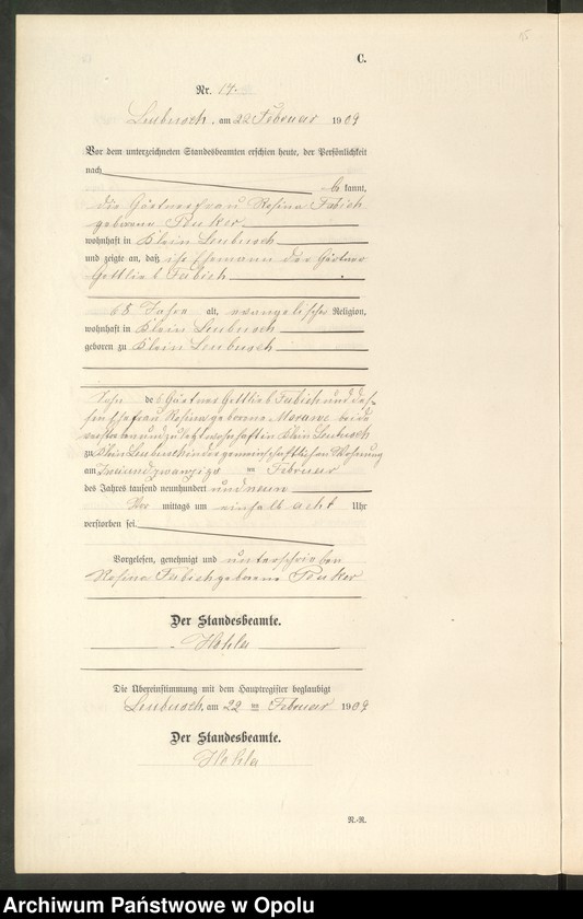 image.from.unit.number "Sterbe-Register (Neben-Register) Standesamt Leubusch 1909"