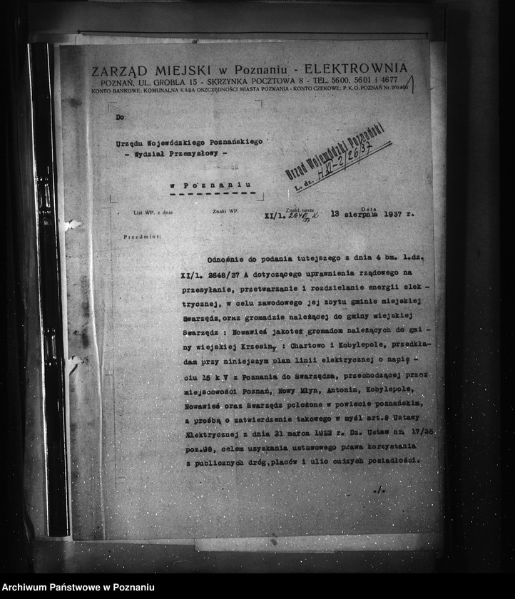Obraz 5 z jednostki "Wniosek Elektrownia Miejska w Poznaniu o zatwierdzenie planu linii elektrycznej z Poznania do Swarzędza"