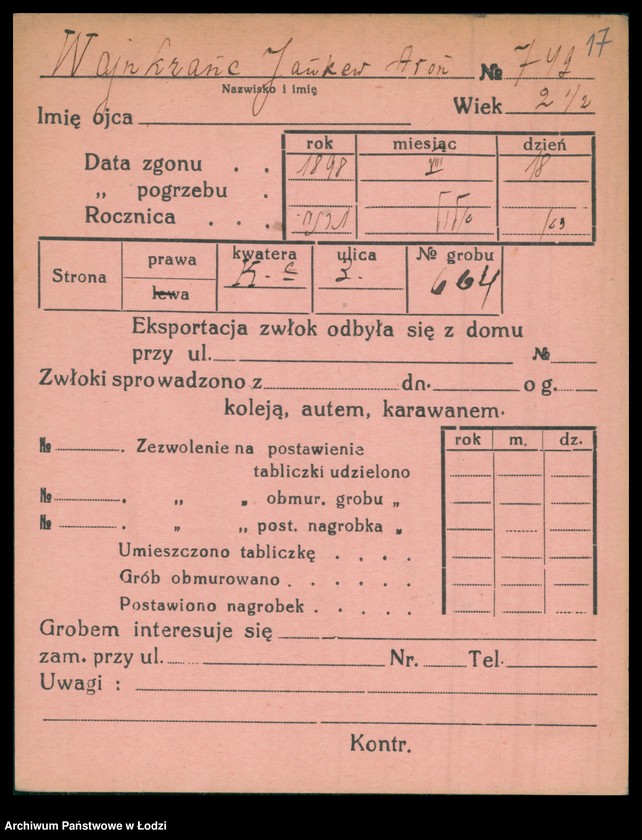 Obraz 18 z jednostki "Kartoteka osób pochowanych na cmentarzu żydowskim przy ulicy Brackiej w latach 1892-1958. Nazwiska na litery: Wajnh-Wajs"