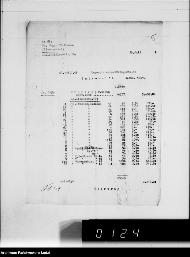 Obraz 9 z jednostki "Ausgehende Rechnungen [za dostawy towarów dla Getta]"