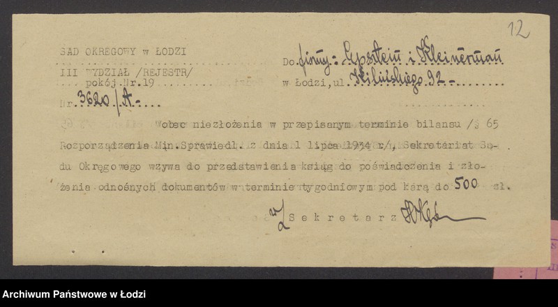 Obraz 14 z jednostki "Lazar Epstein, Abram Kleinerman- fabrykacja i sprzedaż towarów wełnianych i bawełnianych oraz przędzy"