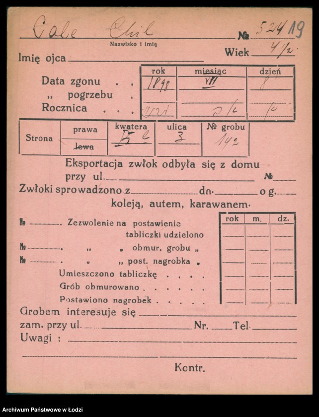 Obraz 20 z jednostki "Kartoteka osób pochowanych na cmentarzu żydowskim przy ulicy Brackiej w latach 1892-1954. Nazwiska na litery: Ca-Choros"