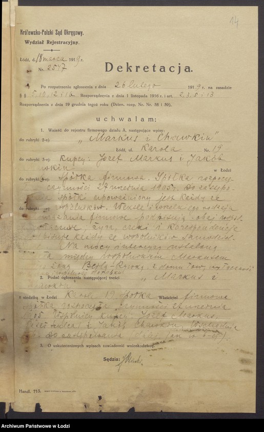 Obraz 16 z jednostki "Józef Markus i Jakób Chawkin- fabryka towarów bawełnianych"