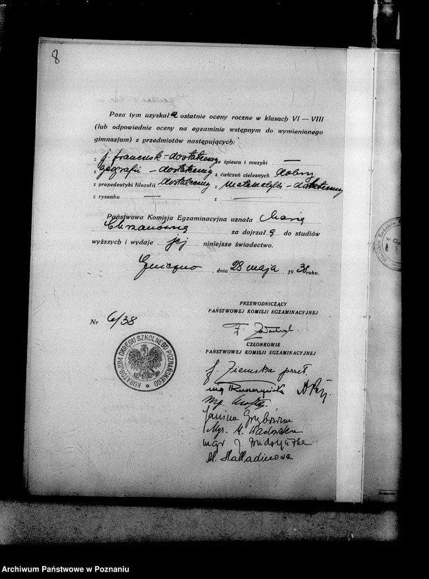 Obraz 12 z jednostki "Miejskie Gimnazjum Żeńskie imienia Błogosławionej Jolanty- Gniezno- [w tym protokoły egzaminów dojrzałości i świadectwa dojrzałości z 1938 roku]"